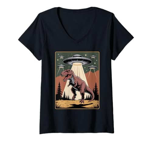 Damen Lustiger Alien Abduktion UFO Dinosaurier Witz Frauen Männer sarkastisch T-Shirt mit V-Ausschnitt von SciFi Alien Abduction Dinosaur T Rex Humor Artwork
