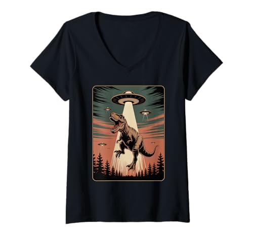 Damen Lustiger Alien Abduktion UFO Dinosaurier Witz Frauen Männer sarkastisch T-Shirt mit V-Ausschnitt von SciFi Alien Abduction Dinosaur T Rex Humor Artwork