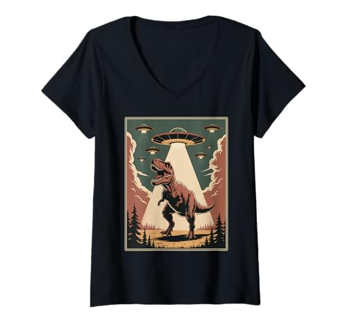 Damen Lustiger Alien Abduktion UFO Dinosaurier Witz Frauen Männer sarkastisch T-Shirt mit V-Ausschnitt von SciFi Alien Abduction Dinosaur T Rex Humor Artwork