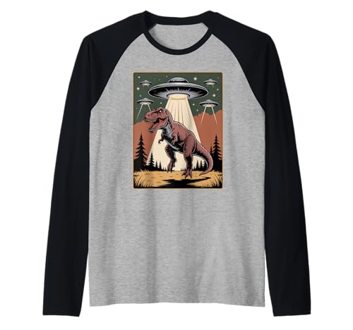 Lustiger Alien Abduktion UFO Dinosaurier Witz Frauen Männer sarkastisch Raglan von SciFi Alien Abduction Dinosaur T Rex Humor Artwork