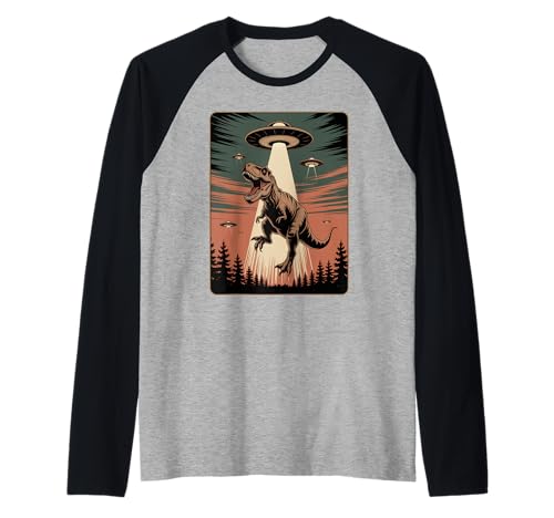 Lustiger Alien Abduktion UFO Dinosaurier Witz Frauen Männer sarkastisch Raglan von SciFi Alien Abduction Dinosaur T Rex Humor Artwork