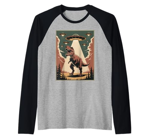 Lustiger Alien Abduktion UFO Dinosaurier Witz Frauen Männer sarkastisch Raglan von SciFi Alien Abduction Dinosaur T Rex Humor Artwork