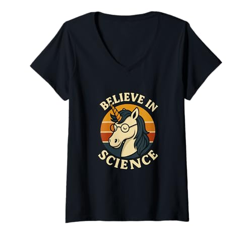 Damen Believe in Science Einhorn Lustiger Nerd Humor T-Shirt mit V-Ausschnitt Damen Believe in Science Einhorn Lustiger Nerd Humor T-Shirt mit V-Ausschnitt von Science Unicorn Squad Apparel