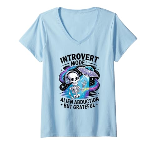 Damen UFO Alien Skelett - Antisozial Lustig Weltraumreisen Introvertiert T-Shirt mit V-Ausschnitt Damen UFO Alien Skelett - Antisozial Lustig Weltraumreisen Introvertiert T-Shirt mit V-Ausschnitt von Scifi Sarcastic Alien Abduction Space Skeletons
