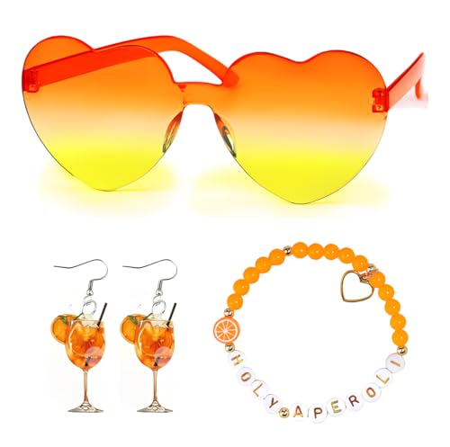 3 Stück Aperol Geschenke Frau, 1 Armband,1 par Weinglas Ohrringe und 1 Herz Brille Orange,Aperol Kostüm Damen Accessoires, Aperol Geschenk für Fasching Karneval Cosplay Kostüme Accessoires von Scinzene