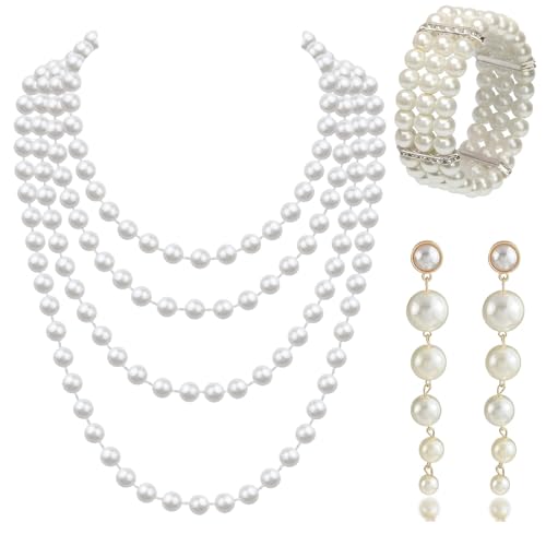 Scinzene 20er Jahre Kostüm Damen, Elegant Set of 3 20er Jahre Accessoires for Women - 1920s Perlenkette, 3-Row Stretch Bead Bracelet, Plastic Bead Earrings, Vintage Beads Set for Party, Prom, Wedding von Scinzene