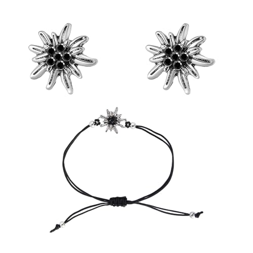 4 Stück Trachtenschmuck Set Bayerisch, Herz Edelweiß Halskette, Ohrstecker für Damen Bierfest Trachten Dirndl Outfit Accessoires und Armband, für Damen Bierfest Trachten Dirndl Schwarz Accessoires von Scinzene