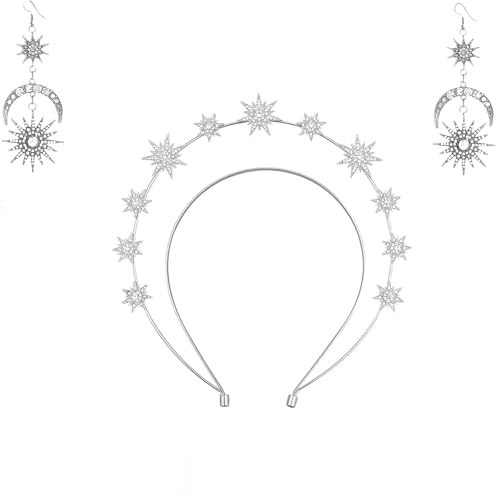 Haarreif Sonne, Krone Haarreif mit Strass und Heiligenschein, Stern-Stirnband für Göttin und Sonnenstrahlen Look, perfekt für Hochzeit, Karneval, Partys und besondere Anlässe für Damen un(silbrig) von Scinzene