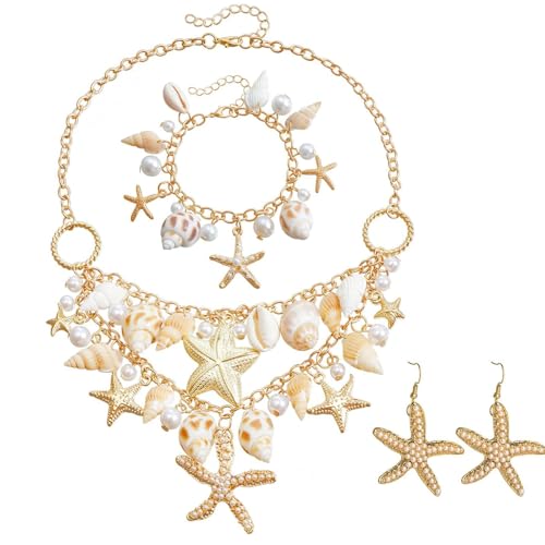 Meerjungfrau Kostüm Damen Set for Women: Starfish Shell Necklace, Bracelet, Earring & Faux Pearl Collar Bib – Chunky Statement Fashion Jewellery for Summer Beach, Photo Shoots, and Parties von Scinzene