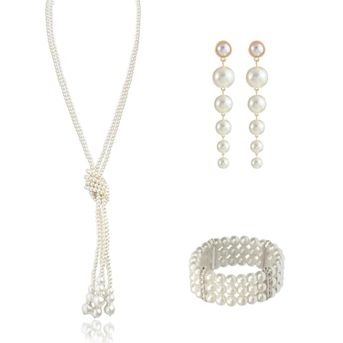 Scinzene Perlenkette Damen, 3-teiliges 20er Jahre Accessoires Set, Kunstperlen Halskette, Ohrringe und 4-reihiges Perlenarmband im 1920er Jahre Stil von Scinzene