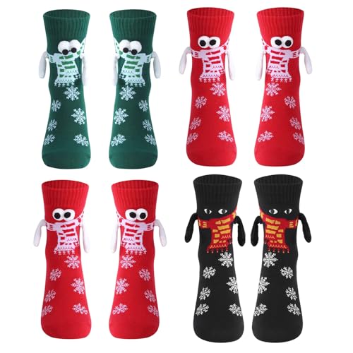 Scinzene 4 Paar Weihnachtssocken Damen, Kuschelsocken Weihnachten, Magnetische Socken mit 3D Design, Hand in Hand Halten, Lustige Geschenkidee für Paare von Scinzene