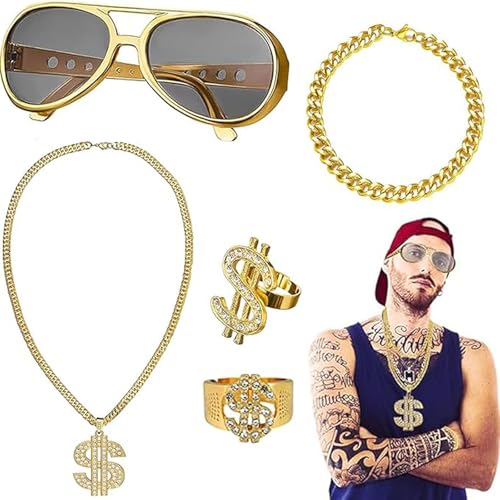 Scinzene 5-Stück Zuhälter Kostüm, 80er Jahre Accessoires, 90er Jahre Outfit Herren, Goldkette Fasching, Goldkette Karneva, Für Männer Zuhälter Kostüm Set, Für Karneval Fasching Mottoparty von Scinzene