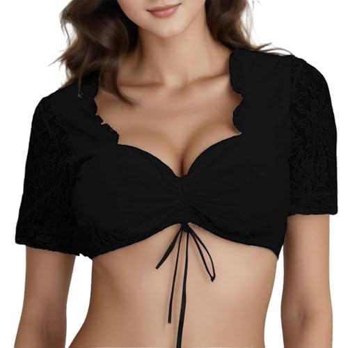 Scinzene Dirndl Bluse Damen Schwarz Trachtenbluse Elegant Kurzarm mit Spitze für Oktoberfest Hochzeit Festival Damenkleidung Passform L-größe Schwarz bequem und atmungsaktiv von Scinzene