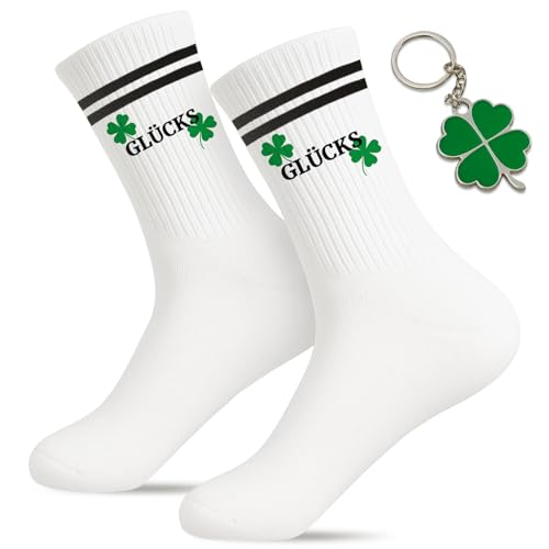 Scinzene Glücksbringer Geschenke Set - GLÜCKS Socken 37-45 und Vierblättriges Kleeblatt Schlüsselanhänger, viel glück geschenke, glücksbringer prüfung, Für Frauen Männer Paare Freunde Familie von Scinzene