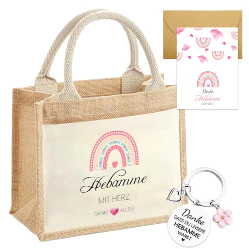 Scinzene Hebamme Geschenk Set - Jute Handtasche, Schlüsselanhänger, Dankeskarte mit Umschlag - Geschenk für Hebamme, Dankeschön für Hebamme, Abschiedsgeschenk Hebamme von Scinzene