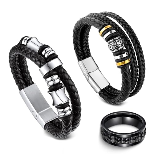 Scinzene Lederarmband Herren Set - 2 Stilvolle Armbänder + Ring aus Echtleder und Edelstahl, Magnetverschluss, Geschenkidee für Männer von Scinzene