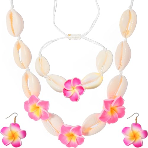 Scinzene 3 Stück Hawaii Outfit Damen Accessoires Set, Muschelkette Muschel Armband Blumen-Ohrringe, Hawaii Kette, Für Hawaii Kostüm Accessoires, Hawaii Party Deko, Festival Zubehör, Sommer Sachen von Scinzene