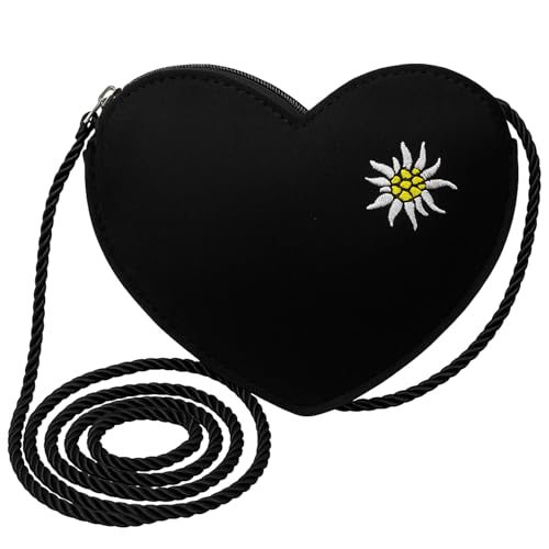 Scinzene Herztasche Dirndl mit Edelweiss Stickerei - Trachtentasche für Damen zur Oktoberfest Handtasche, Mit Schulterband 120 cm, Robustem Schwarz Filz, Praktische Größe 19 x 15 x 4 cm von Scinzene