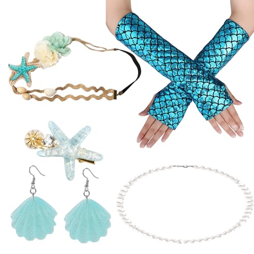 Scinzene Meerjungfrau Kostüm Damen Mädchen, Blaues Handschuh-Set mit Muschel Ohrringen, Haarreif, Perlenkette und Seestern Haarklammer, Unterwasserwelt Kostüm für Karneval und Party ﻿ von Scinzene