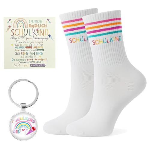 Scinzene Schulkind Socken 2025 Mädchen - Erstausstattung mit Socken, Schlüsselanhänger, Karte, Geschenkbox - Perfektes Einschulung Geschenk für Mädchen, Schultüte Füllung von Scinzene