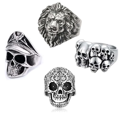 4 Stück Totenkopf Ring, Totenkopf Ring Herren, Herren Ringe, Ring Herren, Ringe Herren, Siegelring Herren, Edelstahl Ringe Herren, Männer Ringe, Ringe Männer, Biker Ringe Herren, Siegelring Herren von Scinzene
