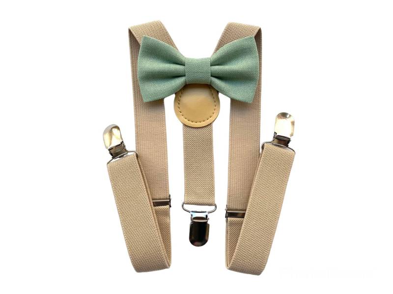 Salbeigrüne Fliege Und Beige Hosenträger Für Kinder, Grüne Hochzeitspagen, Baby-Hosenträger, Taufe von ScoccaPapillon