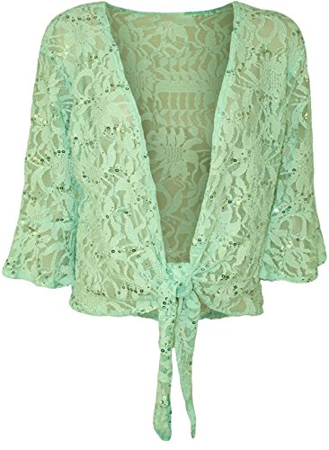 NEUE WOMENS PLUS GRÖßE BLUMEN SPITZE PAILLETTEN SHRUG DAMEN 3/4 ÄRMEL GEBUNDEN BOLERO 12-26 - Damen, Mintgrün, 50-52 von Sconosciuto