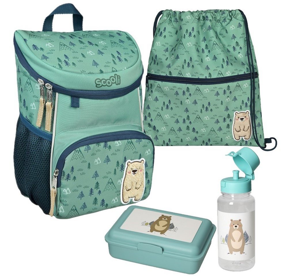 Scooli Kinderrucksack Mini-Me BOBBY BÄR (Set, inkl. Turnbeutel, Brotdose und Trinkflasche), Rucksack Set in Türkis Blau mit süßem Teddy für Jungen und Mädchen von Scooli