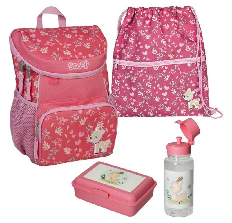 Scooli Kinderrucksack Mini-Me Daisy Deer (Set, inkl. Turnbeutel, Brotdose und Trinkflasche), Mädchen Rucksack Set Rosa mit niedlichem Rehkitz Bambi von Scooli