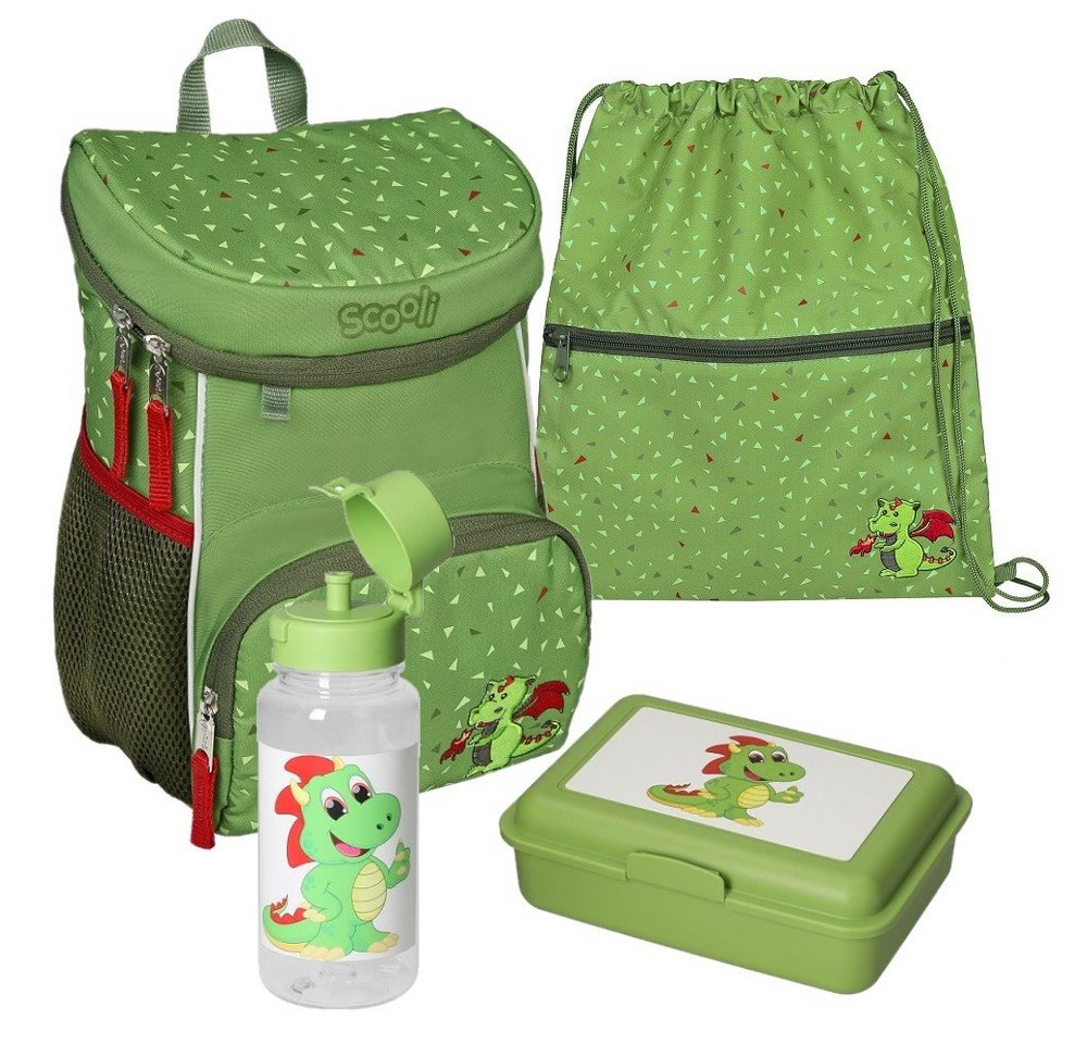 Scooli Kinderrucksack Mini-Me Diego Dragon (Set, inkl. Turnbeutel, Brotdose und Trinkflasche), Rucksack Set in Grün mit Drache für Jungen und Mädchen von Scooli