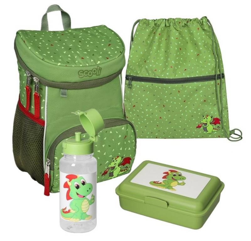 Scooli Kindergartentasche Mini-Me Diego Dragon (Set, 4-tlg., inkl. Turnbeutel, Brotdose und Trinkflasche), Rucksack Set in Grün mit Drache für Jungen und Mädchen von Scooli