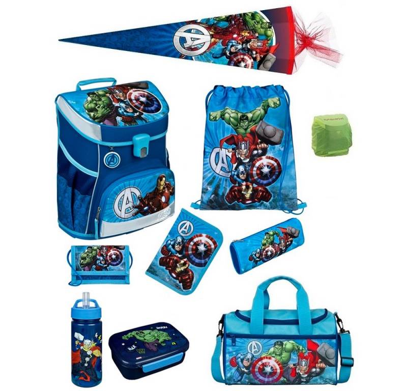 Scooli Schulranzen Campus Fit Avengers Schulranzen für 1.-4. Klasse - 980 Gramm - 18L Vol (Set, 10-tlg., inkl. Sporttasche und Schultüte 85cm), Marvel AVENGERS Iron Man Hulk Thor Captain America von Scooli