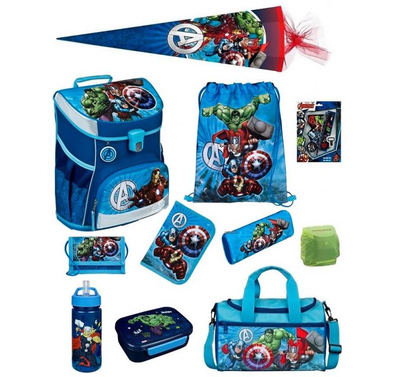 Scooli Schulranzen Campus Fit Avengers Schulranzen für 1.-4. Klasse - 980 Gramm - 18L Vol (Set, 15-tlg., Komplett-Set inkl. Sporttasche und Zuckertüte 85cm), Marvel AVENGERS Iron Man Hulk Thor Captain America von Scooli