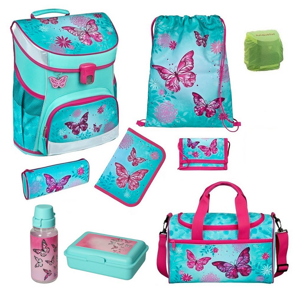 Scooli Schulranzen Campus Fit (Set, 9-tlg., inkl. Federmappe und Sporttasche), BUTTERFLY Schmetterlinge Glitzer-Druck von Scooli