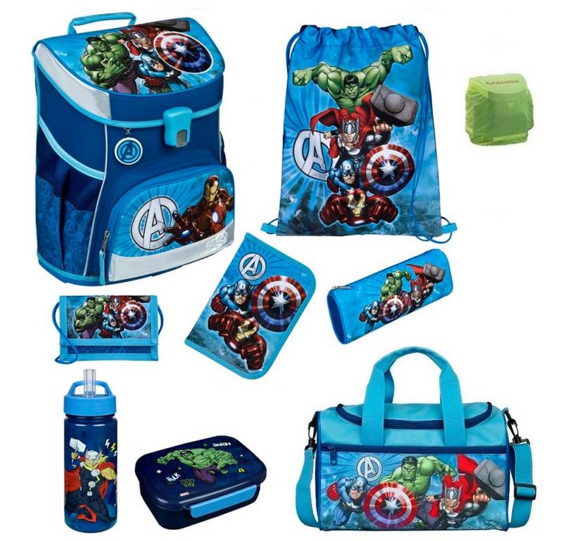 Scooli Schulranzen Campus Fit Avengers Schulranzen für 1.-4. Klasse - 980 Gramm - 18L Vol (Set, 9-tlg., inkl. Federmappe und Sporttasche), Marvel AVENGERS Iron Man Hulk Thor Captain America von Scooli