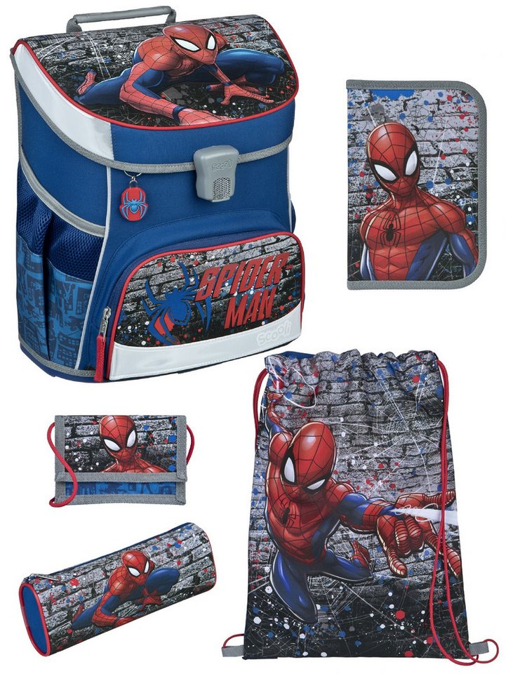 Scooli Schulranzen CampusFit Schultasche ab der 1. Klasse, Grundschule, Motiv für Jungen (Set, 5-tlg., inkl. Federmappe), 980 Gramm, mit Brustgurt, 18L Volumen, Blau mit SPIDERMAN von Scooli