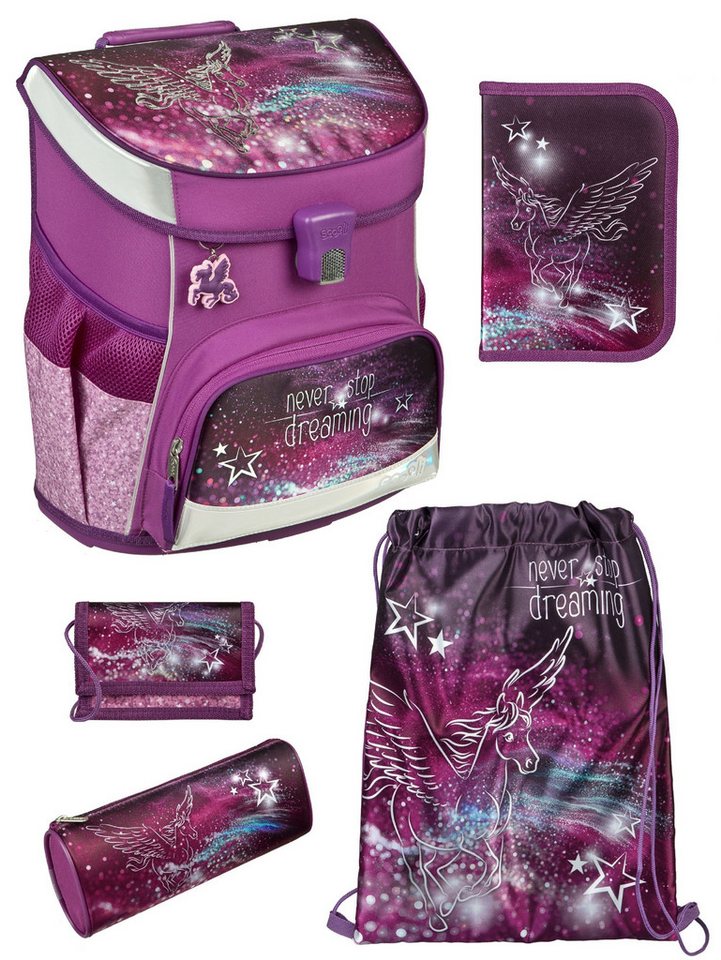 Scooli Schulranzen CampusFit Schultasche ab der 1. Klasse, Grundschule, Motiv für Mädchen (Set, 5-tlg., inkl. Federmappe), 980 Gramm, mit Brustgurt, 18L Volumen, Lila/Violett mit PEGASUS Pferd von Scooli