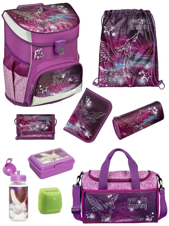 Scooli Schulranzen CampusFit Schultasche ab der 1. Klasse, Grundschule, Motiv für Mädchen (Set, 9-tlg., inkl. Federmappe und Sporttasche), 980 Gramm, mit Brustgurt, 18L Volumen, Lila/Violett mit PEGASUS Pferd von Scooli