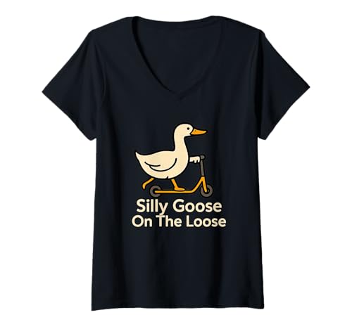 Damen Lustiges Gans On The Lose-Roller-Fahrt, humorvolles Design T-Shirt mit V-Ausschnitt Damen Lustiges Gans On The Lose-Roller-Fahrt, humorvolles Design T-Shirt mit V-Ausschnitt von Scooter Goose Bird Co