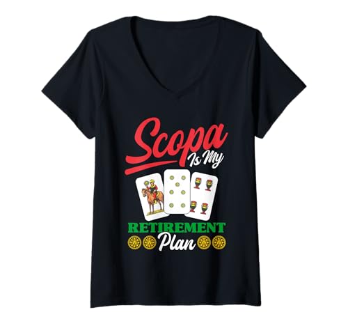 Damen Scopa Player Italienisches Kartenspiel Liebhaber Ruhestand Scopa T-Shirt mit V-Ausschnitt Damen Scopa Player Italienisches Kartenspiel Liebhaber Ruhestand Scopa T-Shirt mit V-Ausschnitt von Scopa Illustration For Scopa Player & Scopa Lover