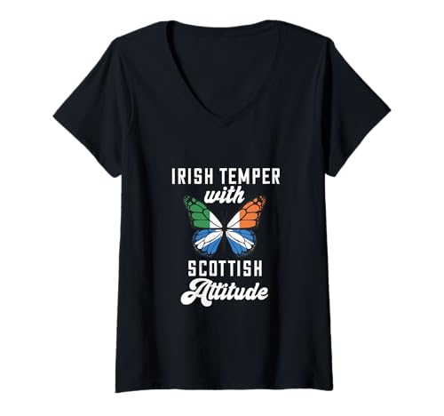 Damen Irish with Scottish Attitude Scotland Flag Butterfly Irland T-Shirt mit V-Ausschnitt Damen Irish with Scottish Attitude Scotland Flag Butterfly Irland T-Shirt mit V-Ausschnitt von Scotland Country Pride Scottish Roots Proud