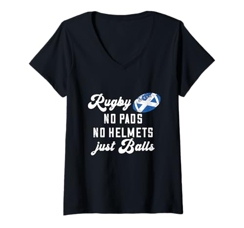 Damen Rugby ohne Polster, Keine Helme, nur Bälle, Schottische Flagge T-Shirt mit V-Ausschnitt Damen Rugby ohne Polster, Keine Helme, nur Bälle, Schottische Flagge T-Shirt mit V-Ausschnitt von Scotland Country Pride Scottish Roots Proud