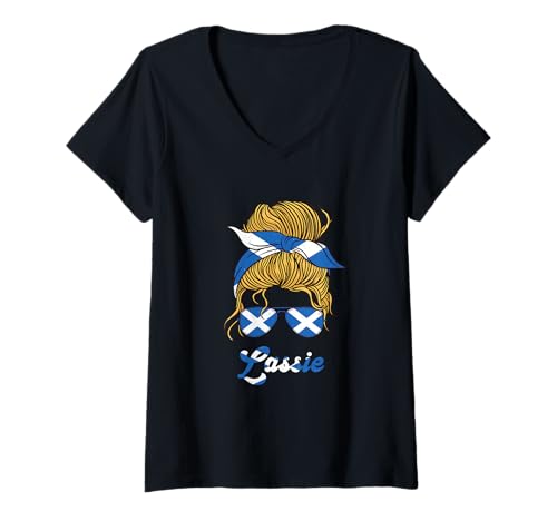Damen Schottland Messy Bun Lassie Girl Schottische Flagge Proud Roots T-Shirt mit V-Ausschnitt Damen Schottland Messy Bun Lassie Girl Schottische Flagge Proud Roots T-Shirt mit V-Ausschnitt von Scotland Country Pride Scottish Roots Proud