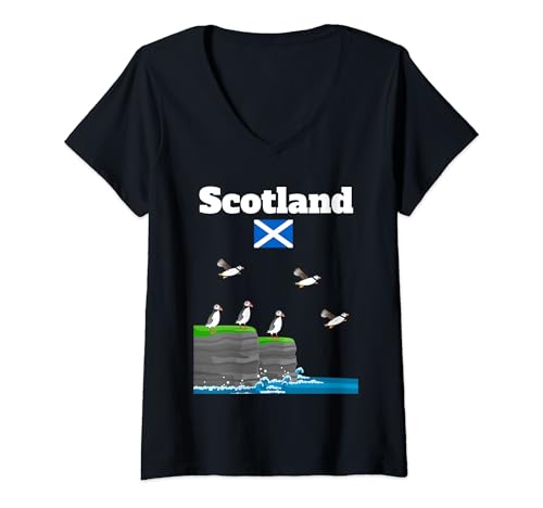 Damen Schottland Papageientaucherkolonie auf Meeresklippen, schottische Reise, Souvenir T-Shirt mit V-Ausschnitt von Scotland Puffin lover travel souvenir