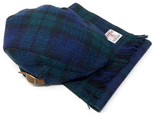 Scott and MacKenzie Harris Tweed Flatcap Kappe und Schal Set in schwarzer Armbanduhr Tartan, schwarz/schottenmuster, One size von Scott and MacKenzie