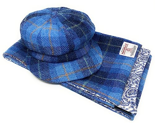 Scott and MacKenzie Harris Tweed Baker Jungen Mütze und Schal Set in Blau Tartan von Scott and Mackenzie