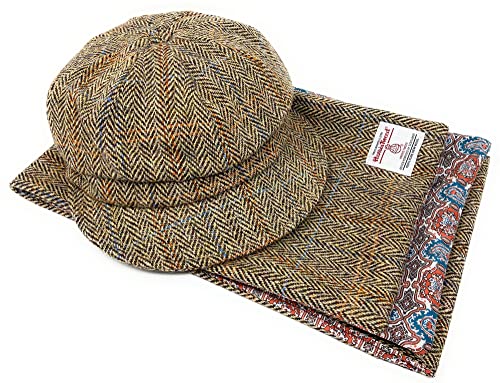 Scott & MacKenzie Harris Tweed Baker Jungen Mütze und Schal in Fischgrätenmuster, Braun von Scott and Mackenzie