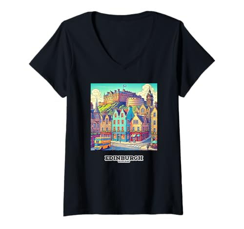 Damen Edinburgh, Schottland, Cartoon illustriert T-Shirt mit V-Ausschnitt von Scottish Cartoon Illustrations