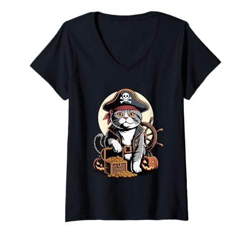 Damen Halloween Pirate Scottish Fold Treasure Coupari T-Shirt mit V-Ausschnitt von Scottish Fold Cat Lover Gifts