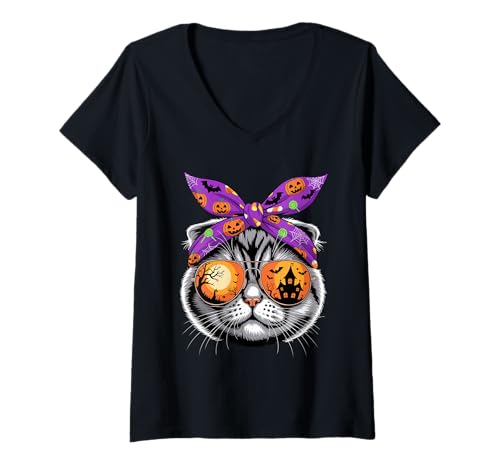Damen Halloween Scottish Fold Cat Bandana Coupari T-Shirt mit V-Ausschnitt von Scottish Fold Cat Lover Gifts